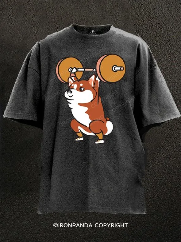 Funny Animal Graphic T-shirt-The snatch weightlifting Corgi Washed Gym Shirt