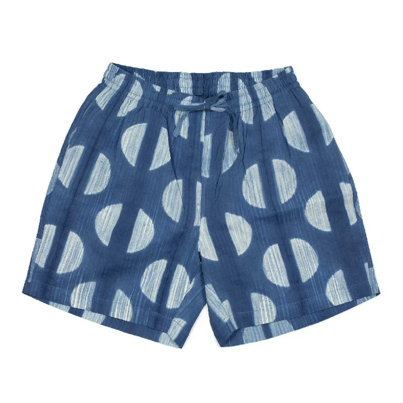 Summer Travel Shorts-Alghero beach shorts in Shibori tie-dyed indigo cotton