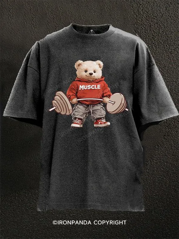 Graphic Tee For Casual Wear-muscle teddy bear Washed Gym Shirt