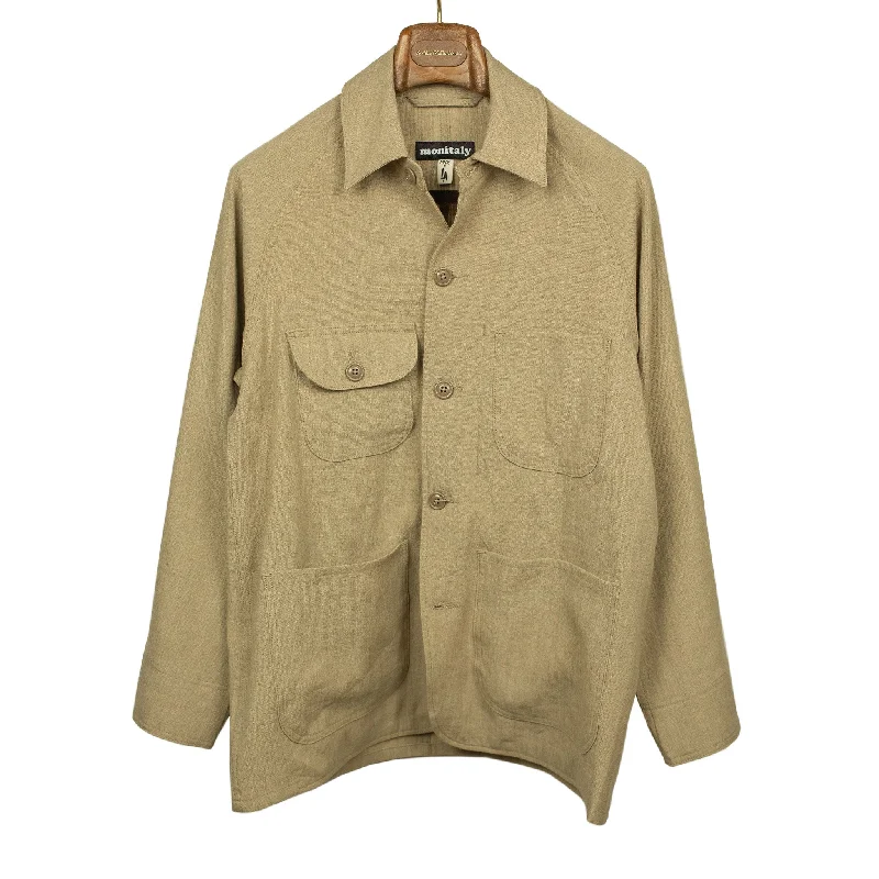 Comfy Sherpa Lined Jacket-Coverall chore jacket in enzyme washed beige linen and cotton