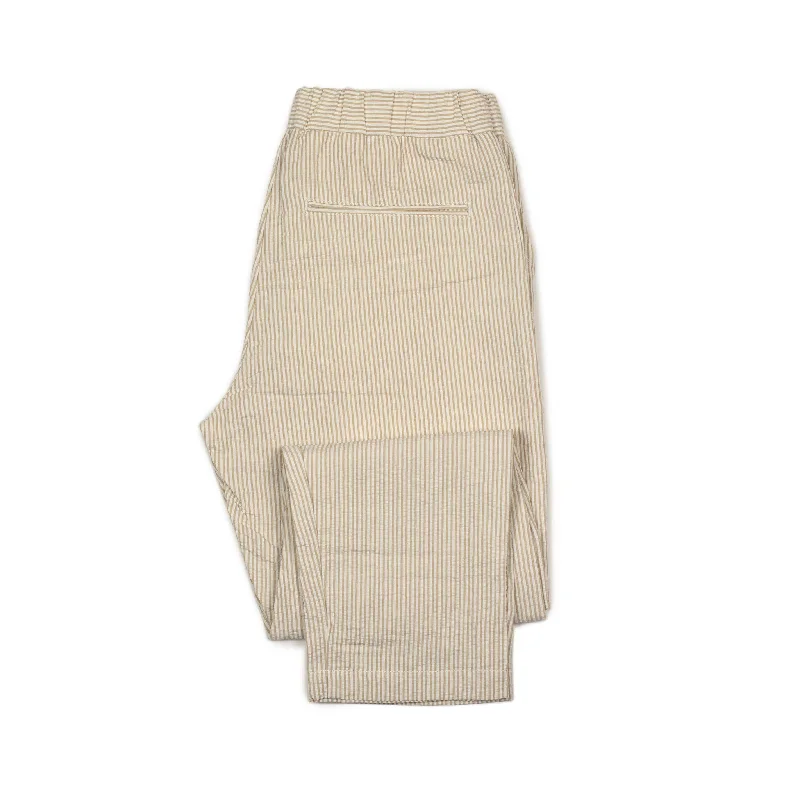 Fashionable Denim Joggers-Easy pants in beige and white striped cotton linen seersucker