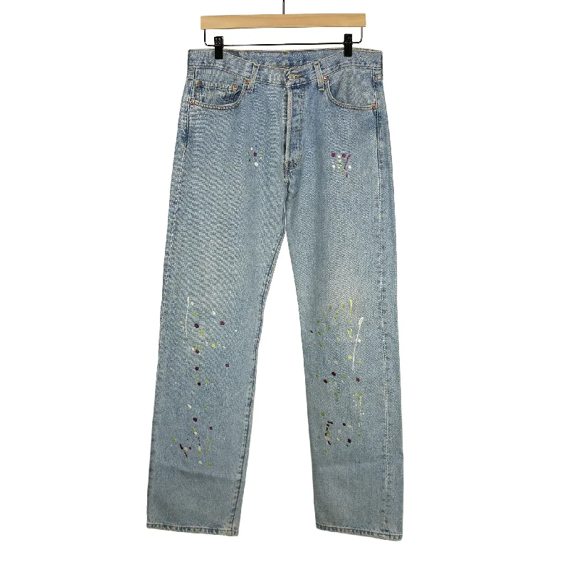 Trendy Sporty Pants-Vintage Levis 501 jeans with embroidered paint splatter, light wash