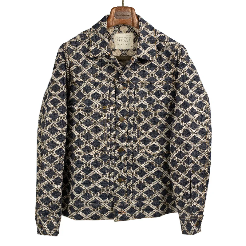 Durable Work Jacket-Marvin type two jacket in denim blue and ecru diamond jacquard