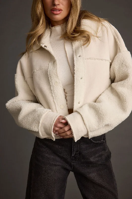 Comfortable Windproof Jacket-Whiteout Sherpa Cropped Jacket