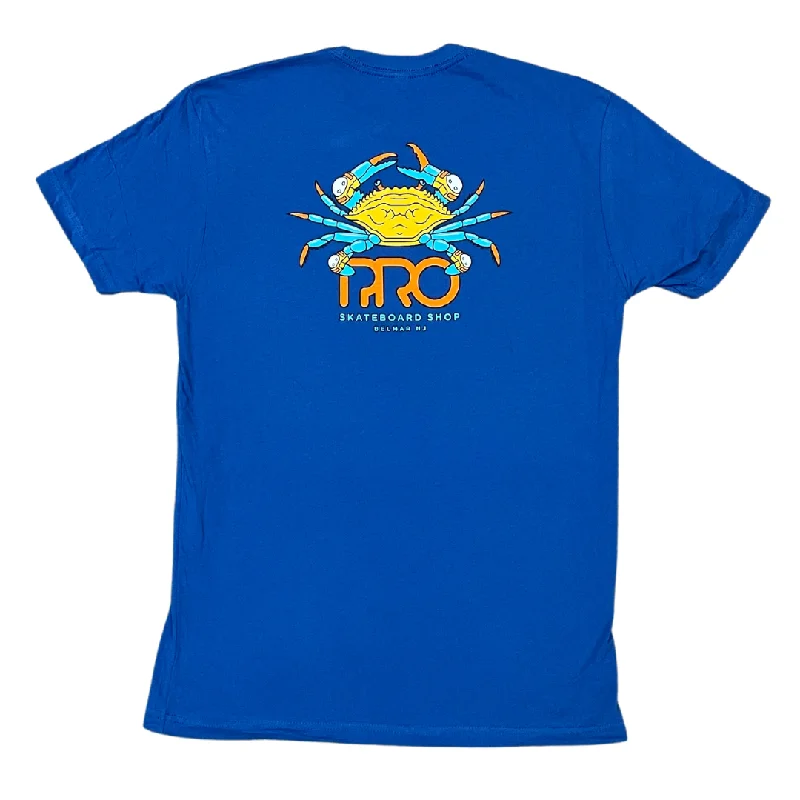 Cool Graphic T-shirt-Pro Skateboard Shop Crab Logo T-Shirt - Royal Blue