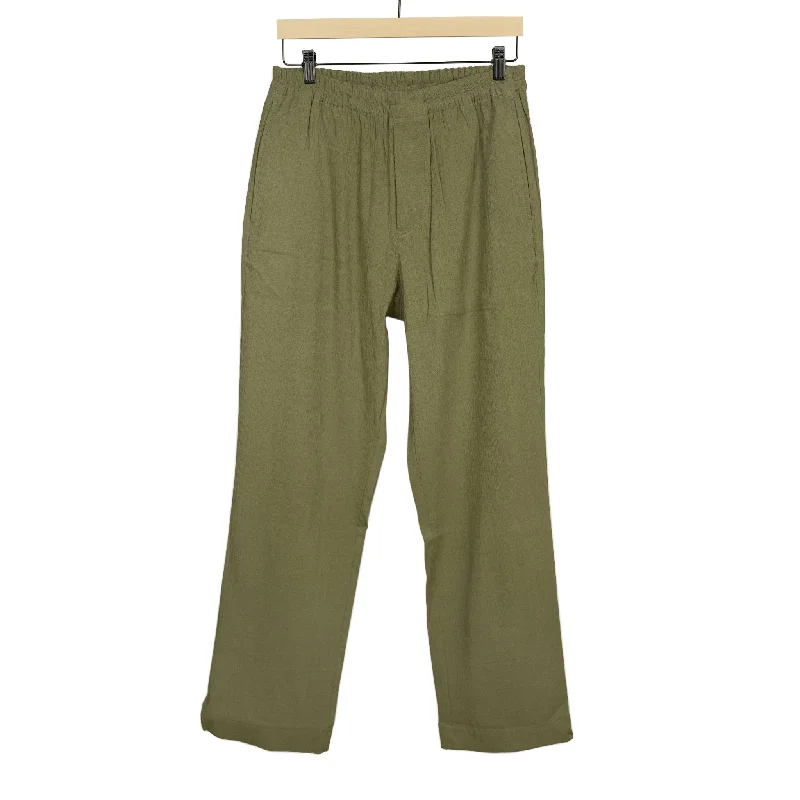 Stretchable Bootcut Pants-Drawstring easy pants in light olive Italian linen and rayon fabric