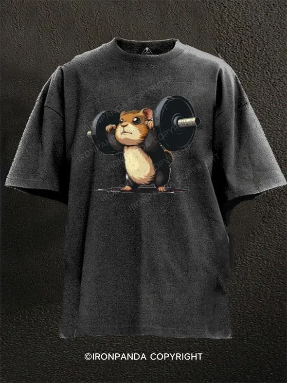 Graphic Tee For Summer-hamster weightlifter Washed Gym Shirt