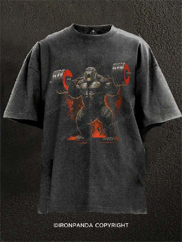 Graphic T-shirt For Kids-Gorilla Weights Lifting Washed Gym Shirt