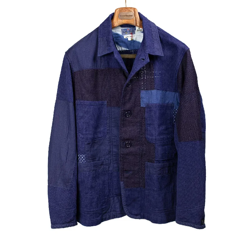 Soft Knit Jacket-Indigo dyed patchwork coverall jacket in cotton, linen and rayon