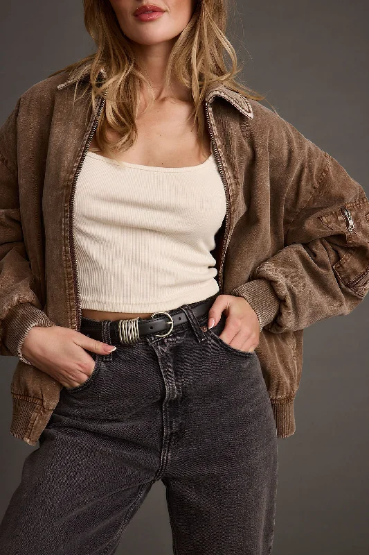 Stylish Blazer Jacket-Sawyer Washed Brown Oversized Bomber Jacket