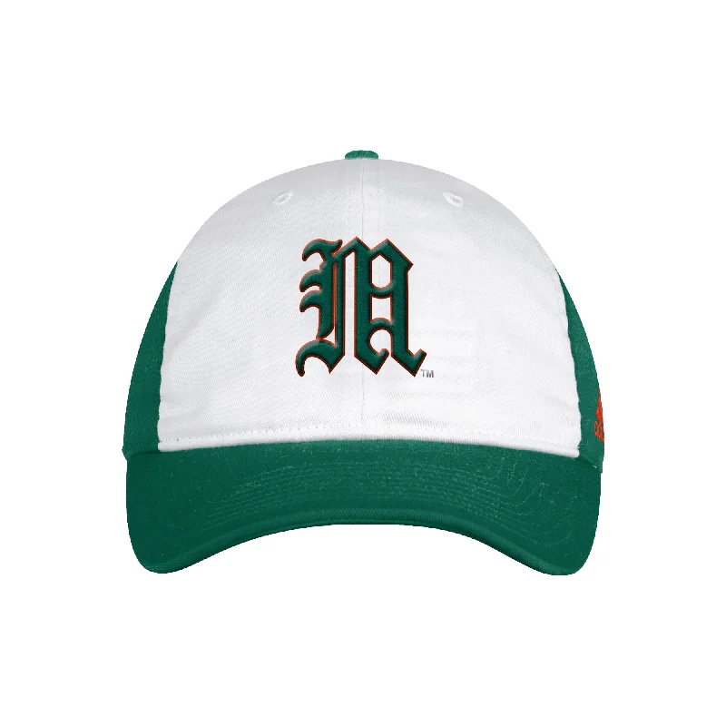 Cool Patterned Snapback Hat-Miami Hurricanes adidas Old English M Adjustable Slouch Hat - White/Green