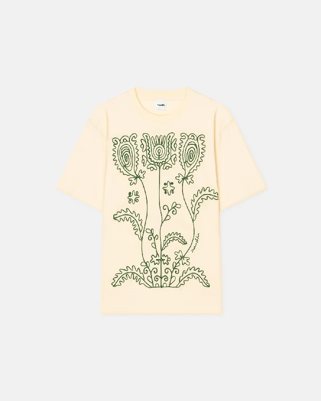 Graphic Tee For Teens-Wren - Embroidered Cotton-Jersey T-Shirt - Creme/Green