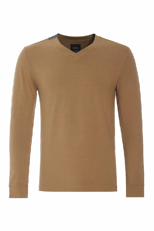 Pastel Color T-shirt-T-SHIRT V-NECK LONG SLEEVE - 1021C - CAMEL